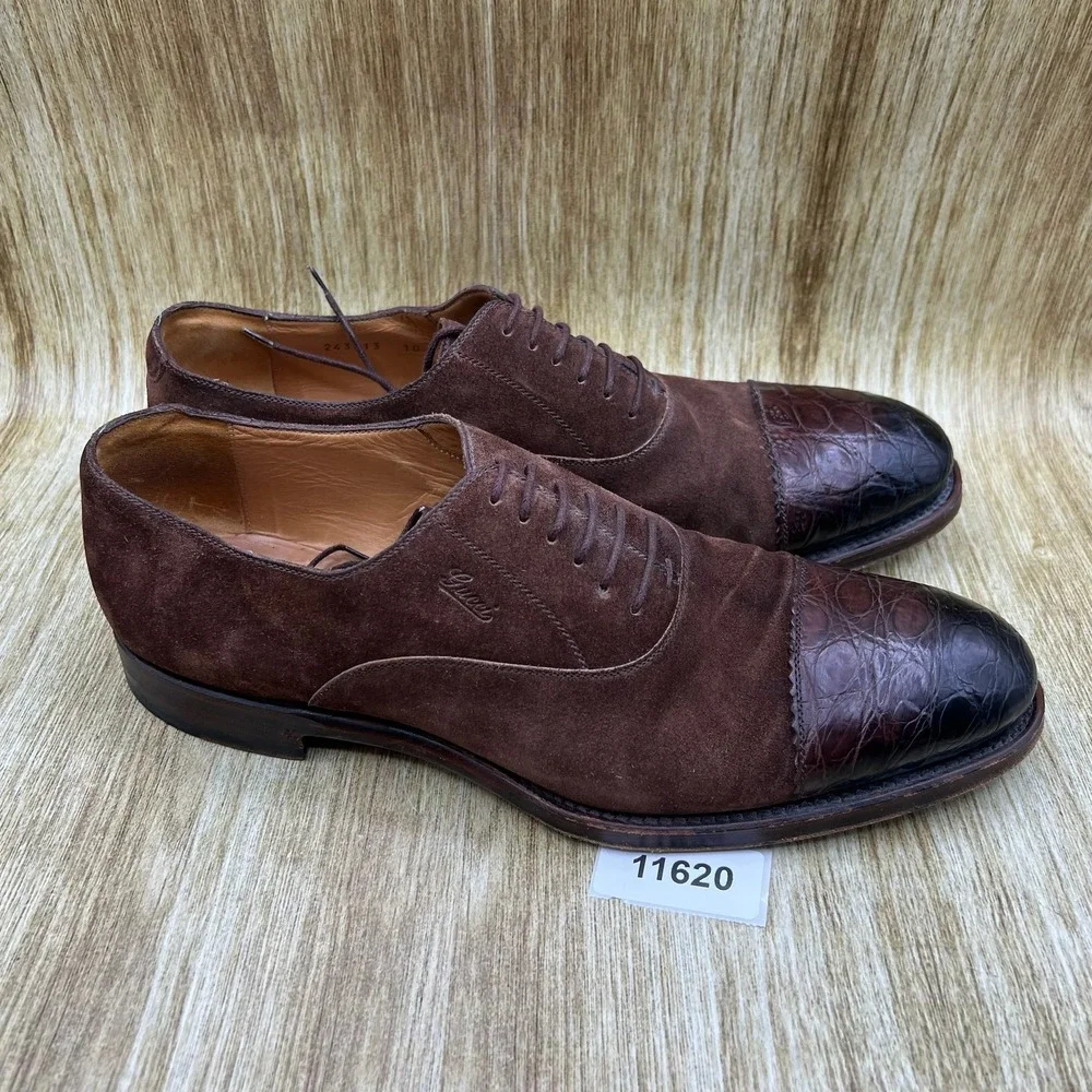 Gucci Crocodile Cap Toe Oxfords Men's Size 10 Brown Suede Made In Italy